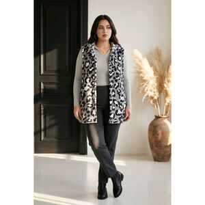 🇬🇪🍑Knapp Studio Gray Animal Print Fleece Hooded Sleeveless Jacket Large